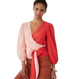 Farm Rio Red Pink Color Block Swiss Dot Wrap Puff Sleeve Boho Blouse Top S